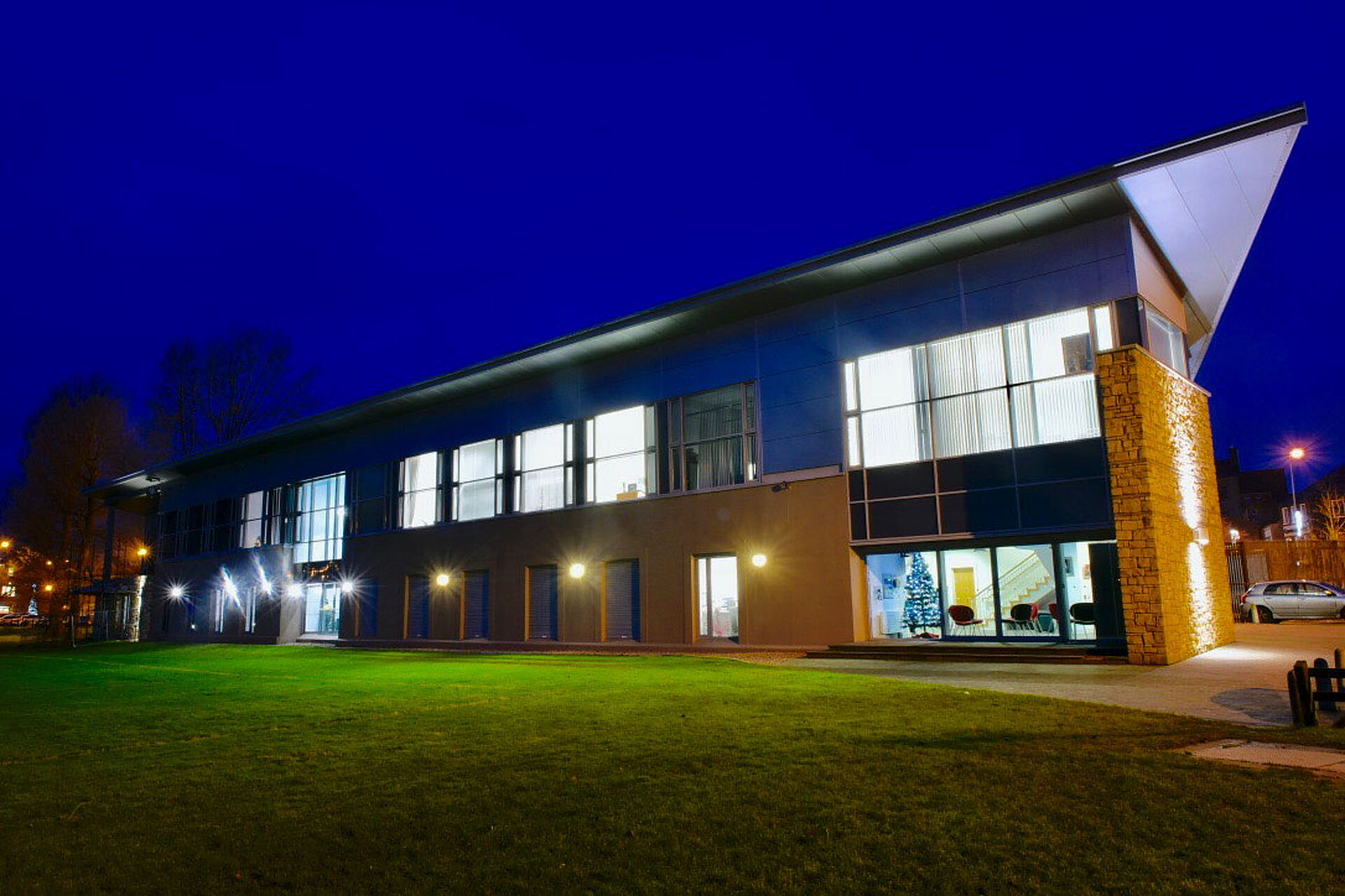 Fermanagh House at dusk, an electrical installation by GR White & Son